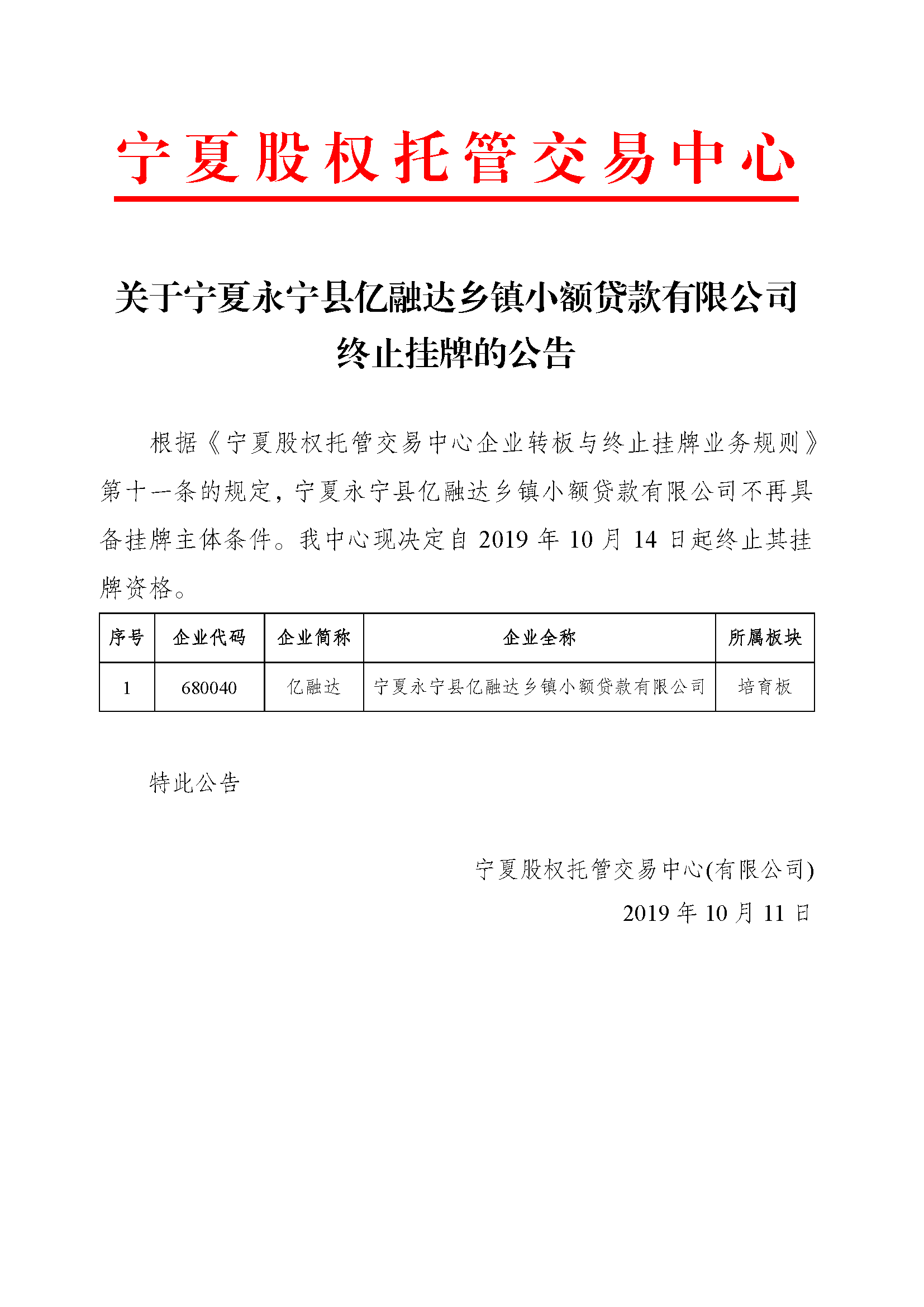 关于宁夏永宁县亿融达乡镇小额贷款有限公司终止挂牌的公告2019.10.11.png